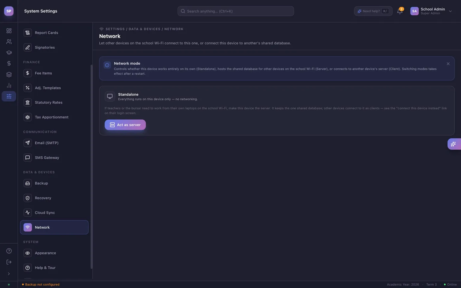 Scolara network settings showing standalone mode and an Act as server button