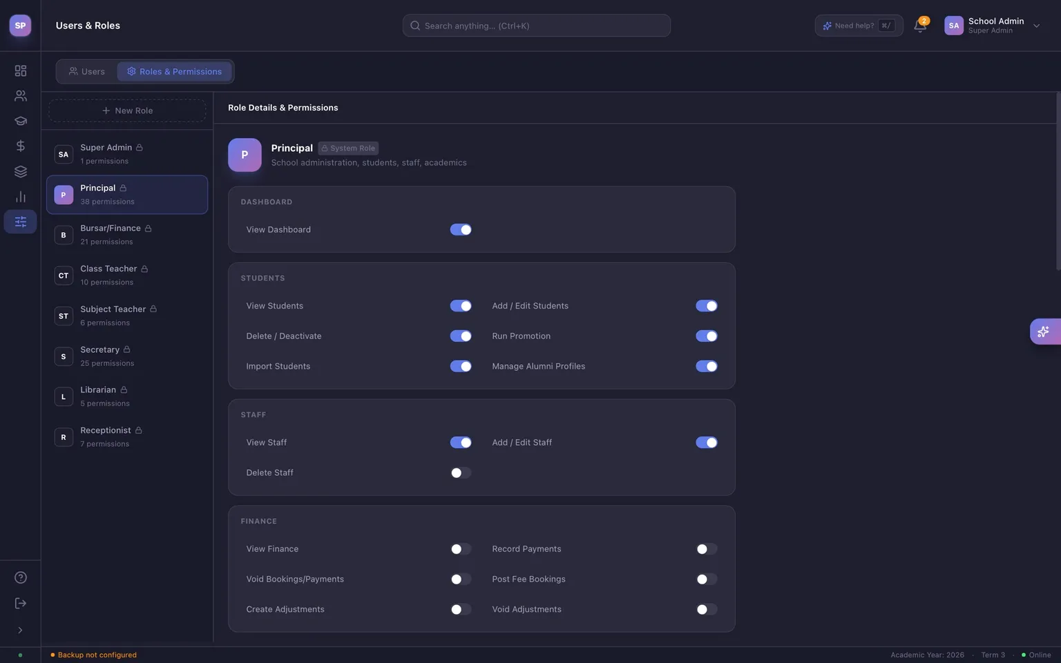 Scolara roles and permissions screen, with per-role switches for students, staff and finance